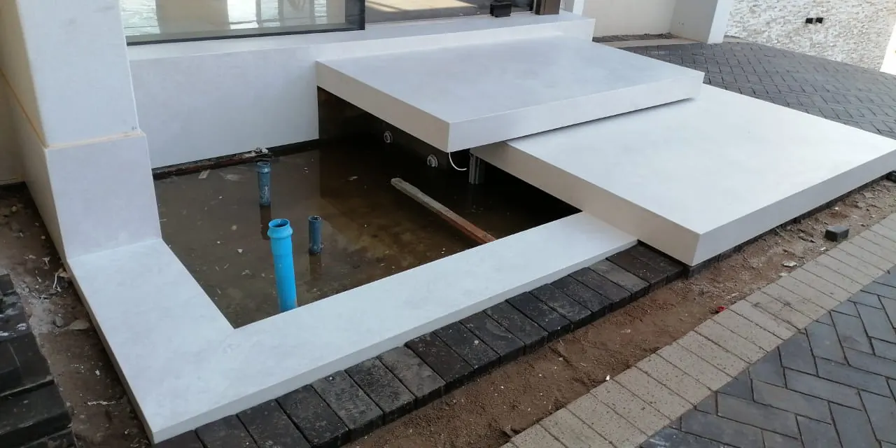 Architectural water feature during assembly.