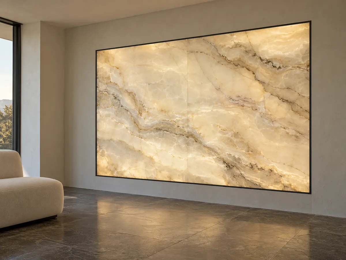 A softly backlit ivory onyx wall panel in a quiet lounge with dark stone flooring.