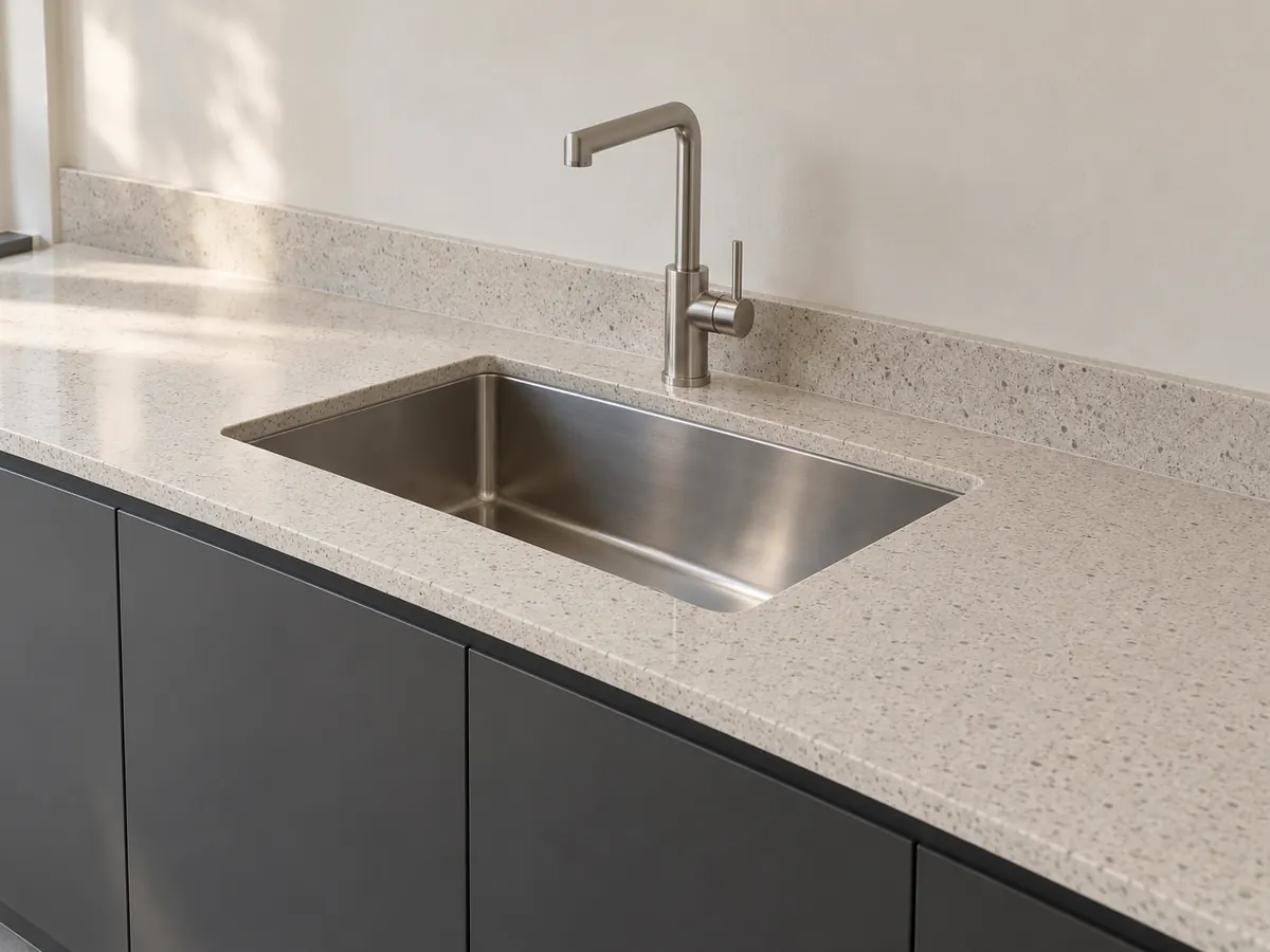 Lightly speckled ivory-grey stone scullery worktop with an undermount stainless steel sink, brushed-metal mixer and graphite cupboards.