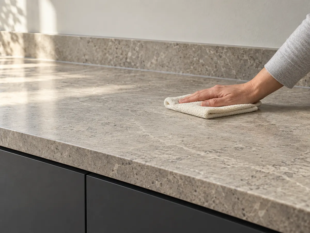 A hand wipes a finished grey stone worktop with a folded cream cloth above dark cupboards.