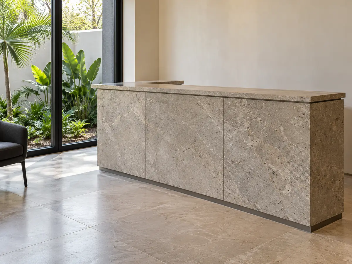 A rectangular stone reception counter stands in a quiet room beside a courtyard window.