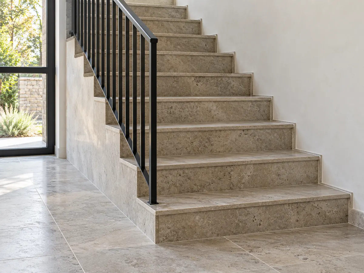 Honed stone stair treads and closed risers meet a tiled floor beside a black metal handrail.