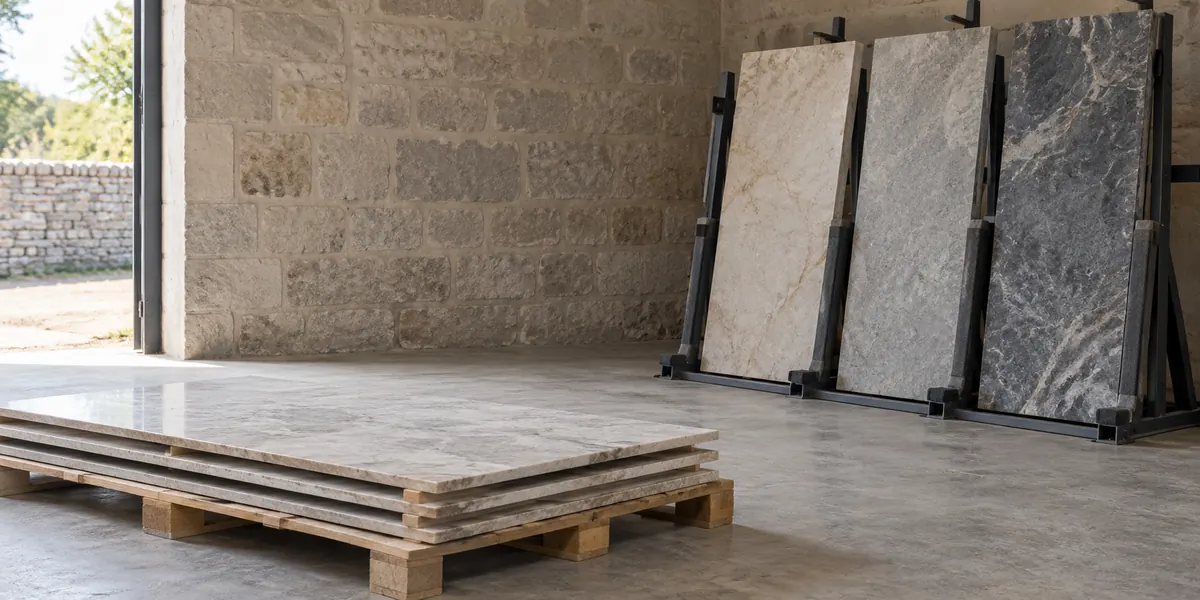 Stone slabs rest on a steel support rack beside stacked rectangular blanks with timber spacers.