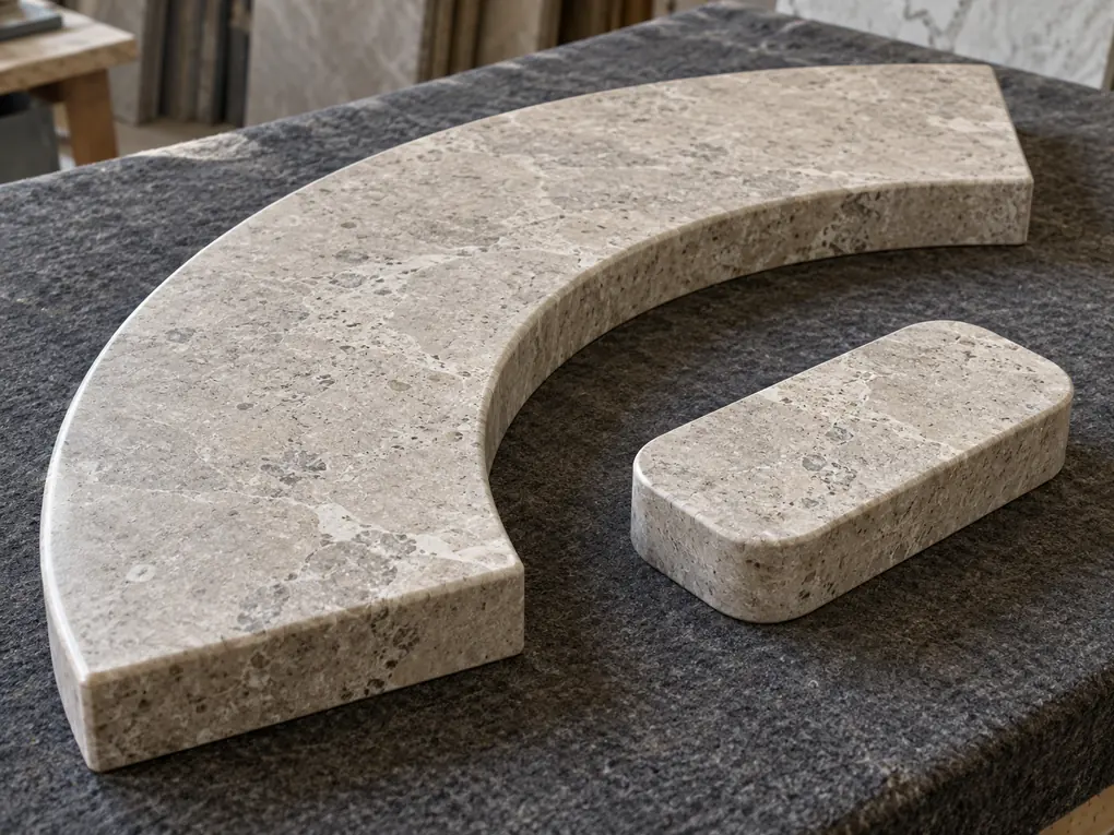 Curved and rounded stone components rest flat on a felt-covered workshop bench.