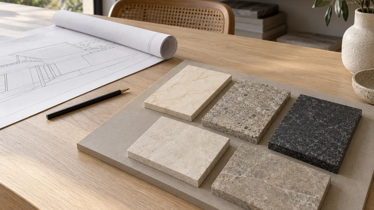 Five rectangular stone samples on a neutral board beside an unlettered architectural drawing and a black pencil on a pale timber desk.