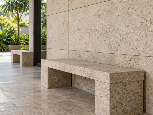 Stone-clad bench seating beneath a panelled stone wall at a covered entrance, with subtropical planting beyond the doorway.