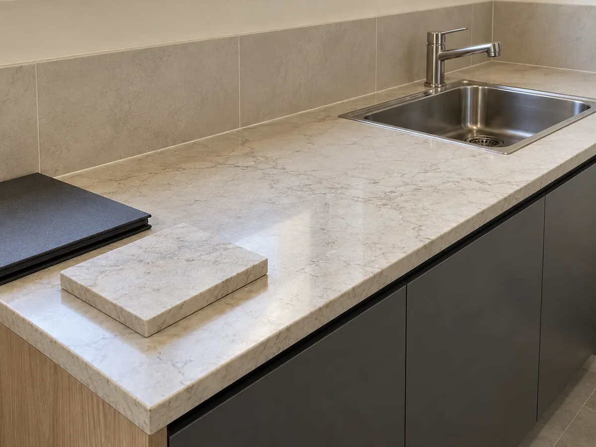 A stone sample and plain folder rest on a pale kitchenette worktop with a stainless steel sink, one tap and graphite cupboards.