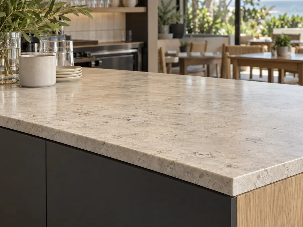 A pale stone service counter on graphite cabinetry, with cups, glassware and café seating in a sunlit interior.