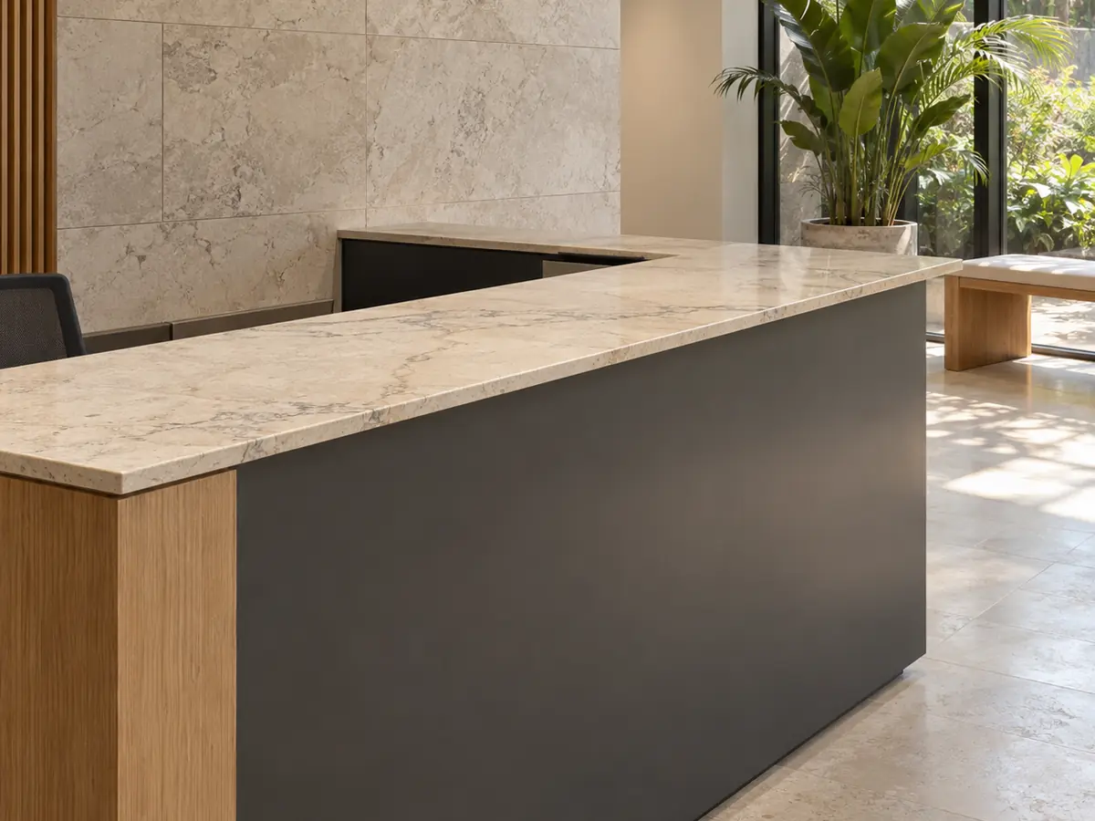 A pale stone reception desk on graphite joinery stands before a jointed stone wall, with a bench and plants beside glazing.