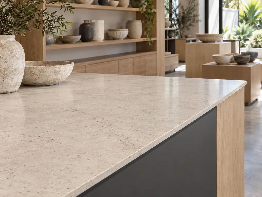 A pale stone customer counter fronts oak shelving and display plinths holding unlabelled ceramic vessels in a bright showroom.