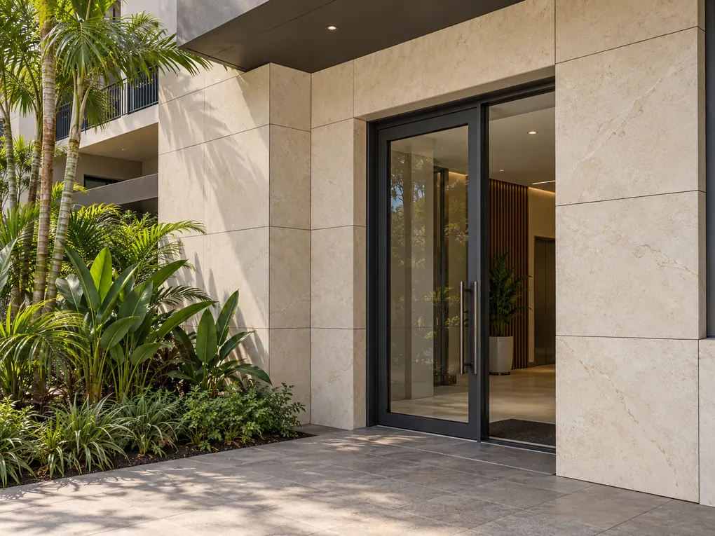 Cream stone panels surround a graphite framed entrance doorway beside subtropical planting and grey paving.