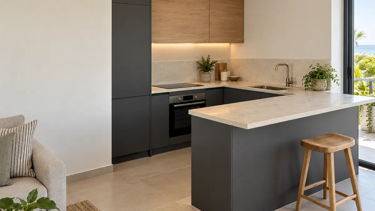 a compact apartment kitchen with pale stone worktops, a supported breakfast peninsula, graphite cupboards, a timber stool and a single sink and tap.