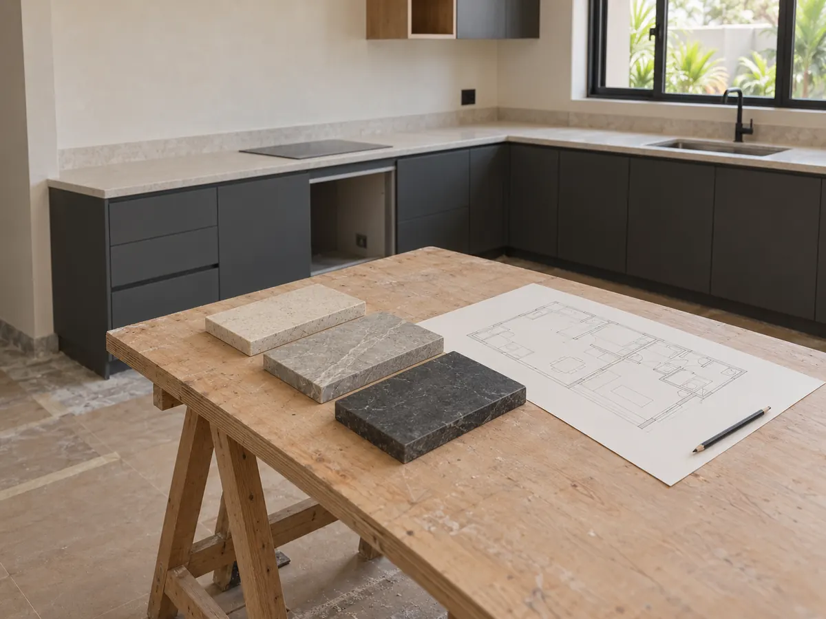 three stone samples, an unlettered apartment plan and a pencil on a timber trestle table in a kitchen nearing completion.
