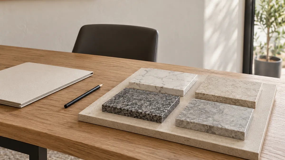 Four rectangular stone samples on a cream board on an oak consultation table, beside a plain folder and black pencil.