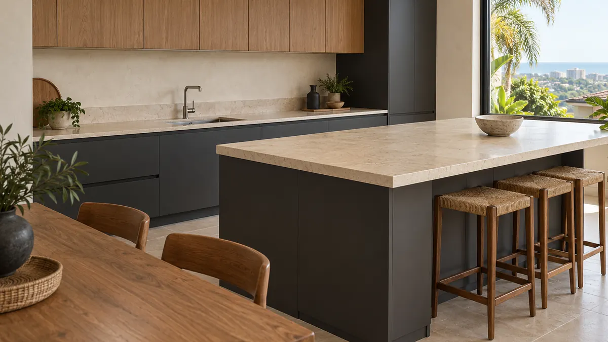 pale stone worktops and a supported island in a contemporary kitchen with graphite cupboards, timber joinery and a window overlooking coastal greenery.