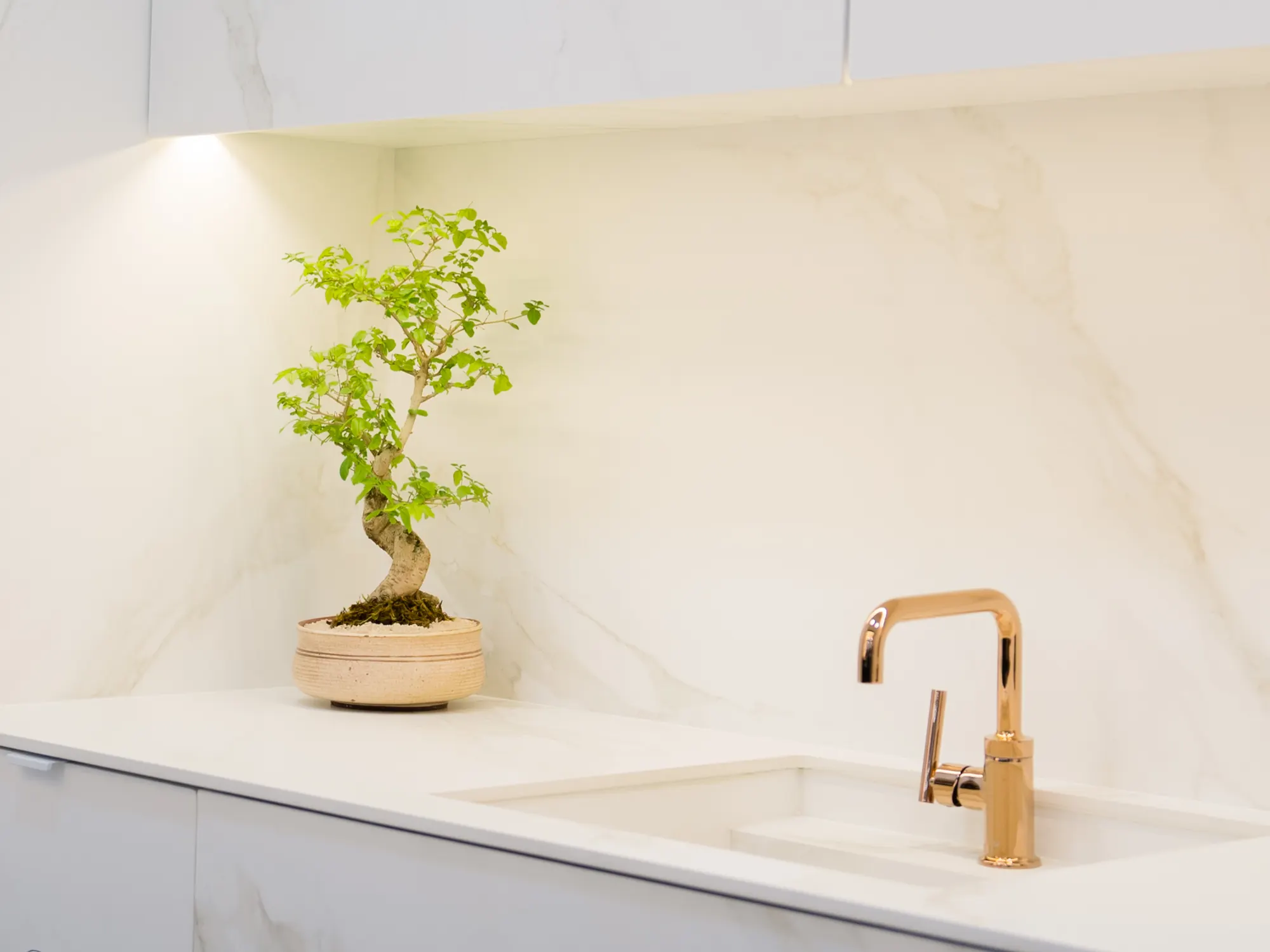 Stone sink and worktop with a brass tap.