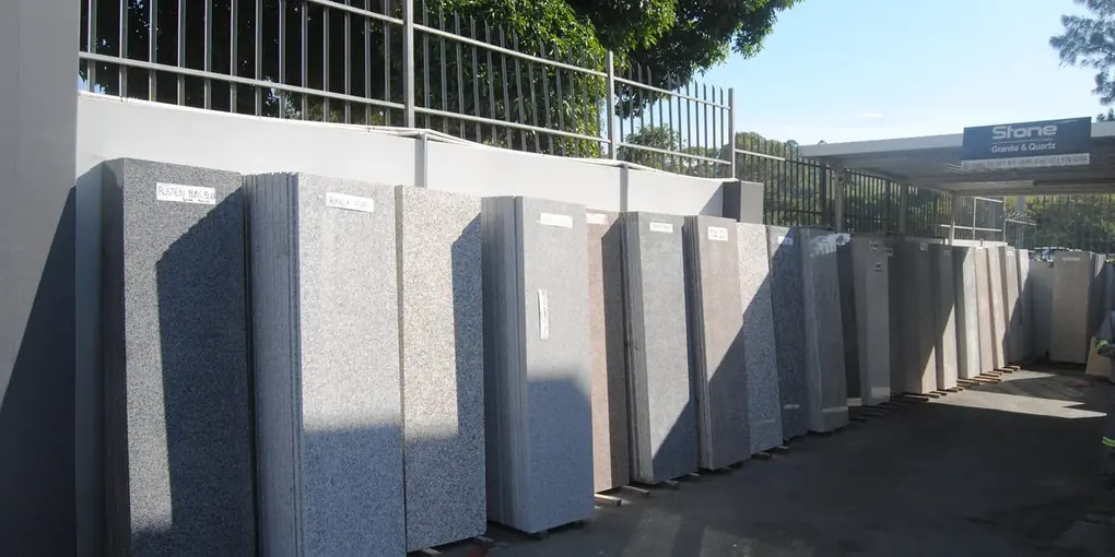 Stone slabs in yard.