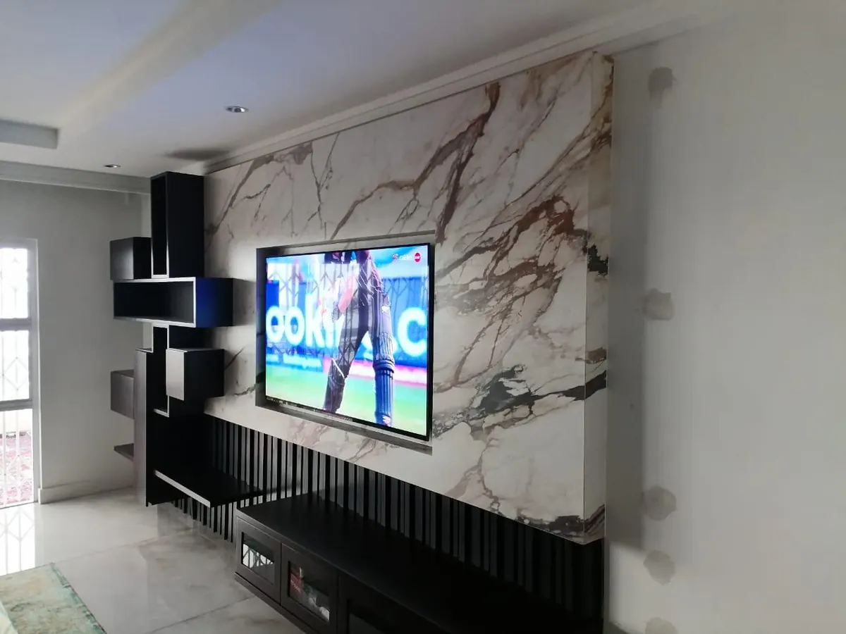 Veined stone feature wall.