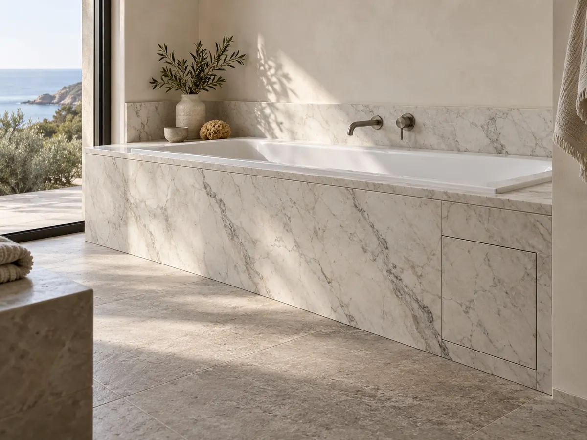 A built-in white bath has a veined stone surround and a flush access panel in the front.
