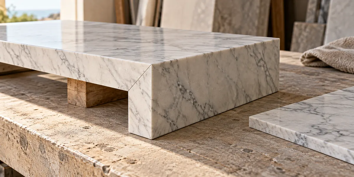 A marble mitred return sample and a flat stone offcut rest on a neutral workbench.