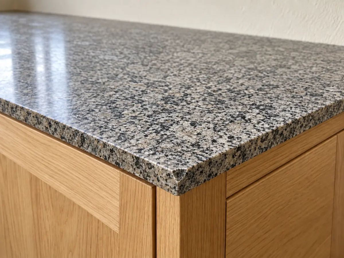 A small chip interrupts the front corner of a speckled granite worktop above timber cupboards.