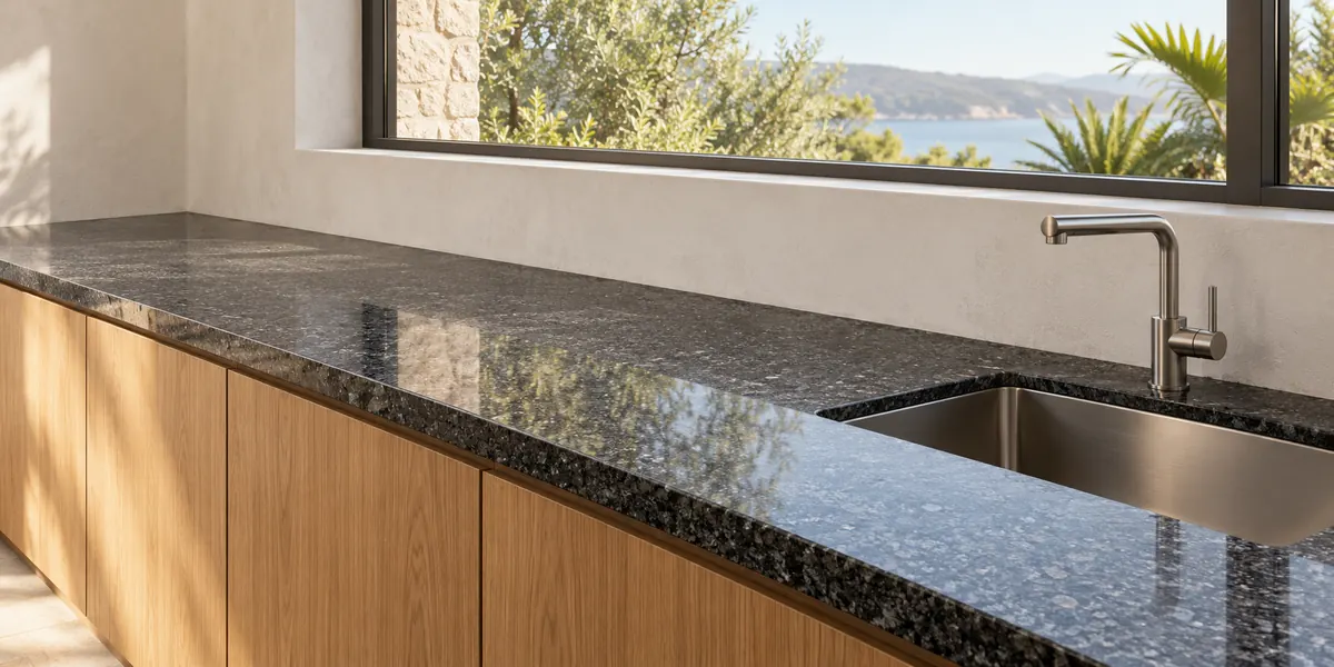 A long dark granite kitchen worktop rests on timber cupboards beside a single sink and tap.