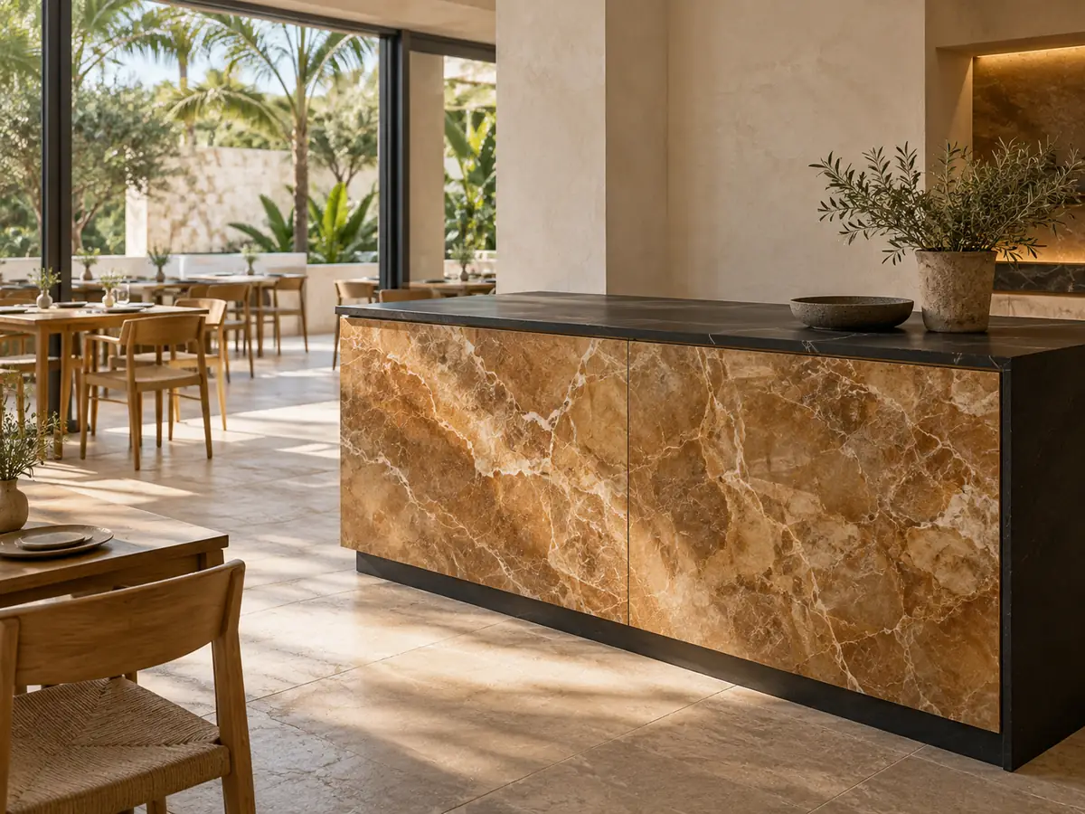 A restaurant service counter combines a warm onyx panelled front with a dark stone top.