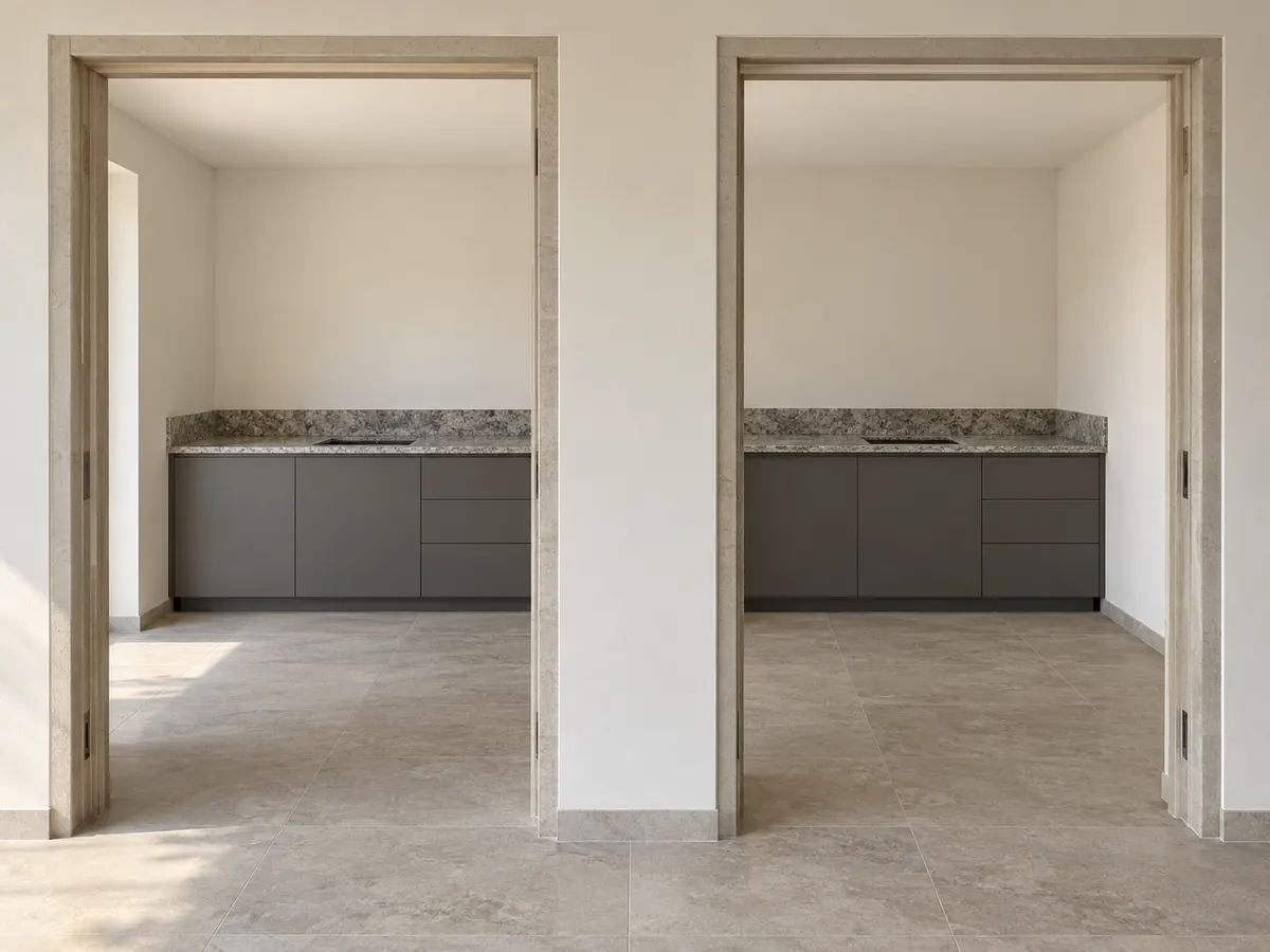 Two adjacent apartment kitchen bays contain matching graphite cupboards and speckled granite worktops.