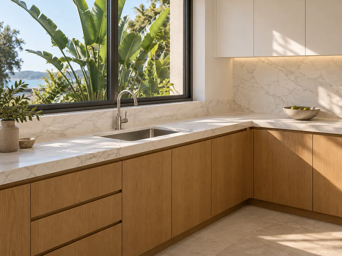 A compact timber kitchen has white veined stone worktops and a single sink beneath a window overlooking foliage.