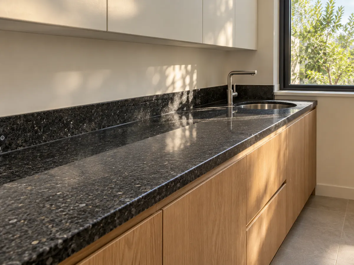A compact scullery has dark granite worktops, timber cupboards and one round sink beneath a window.