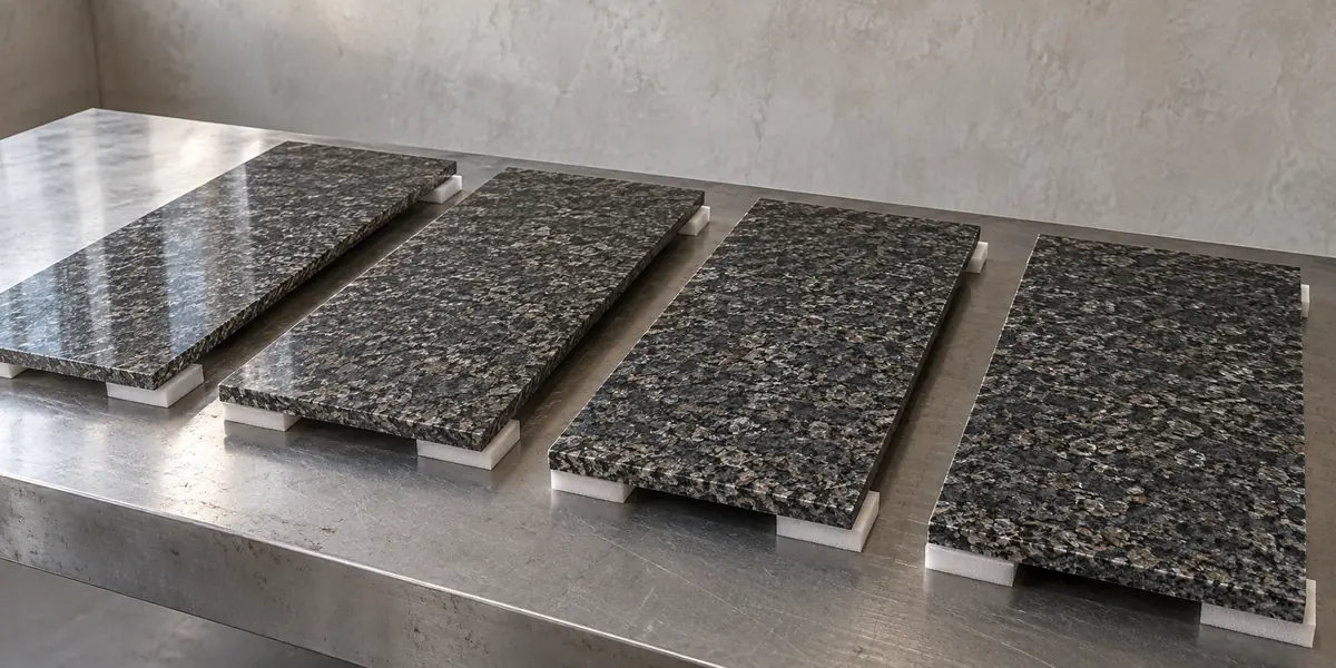 Rectangular speckled granite blanks lie separately on padded supports across a metal workbench.