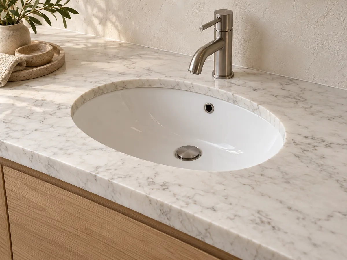 A white ceramic undermount basin sits beneath a veined marble vanity top with a single tap.