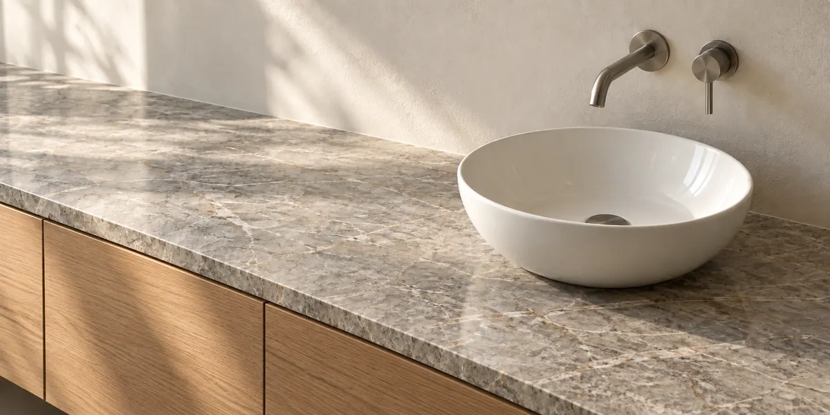 A single white vessel basin sits on a warm grey stone top with oak cupboards and wall-mounted fittings.