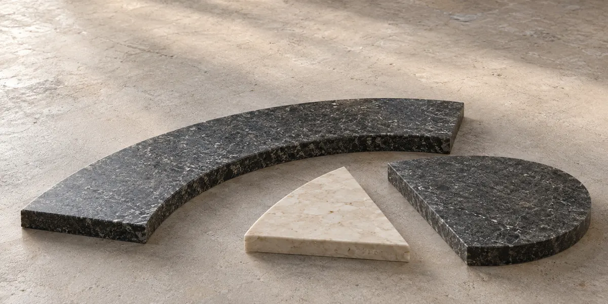 A curved granite offcut, half-disc and pale triangular inlay piece rest separately on a workshop bench.