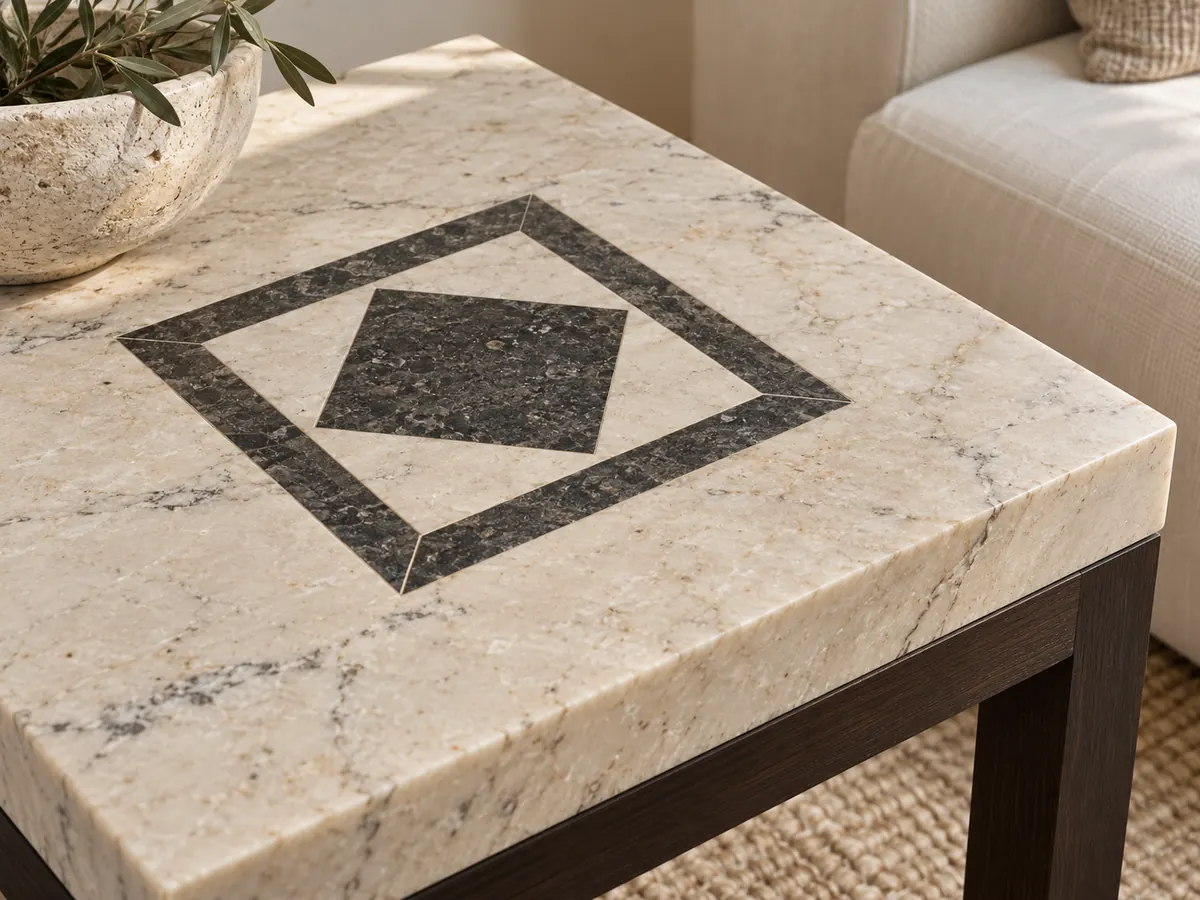 Dark geometric stone inserts sit flush within an ivory marble tabletop with fine visible joints.