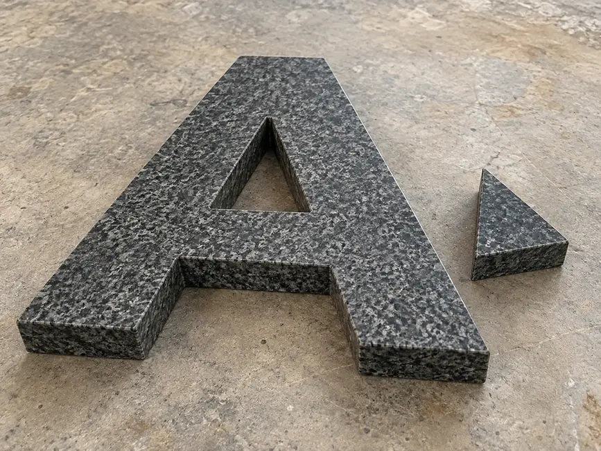 A granite letter A and its separate triangular centre piece rest on a workshop bench.