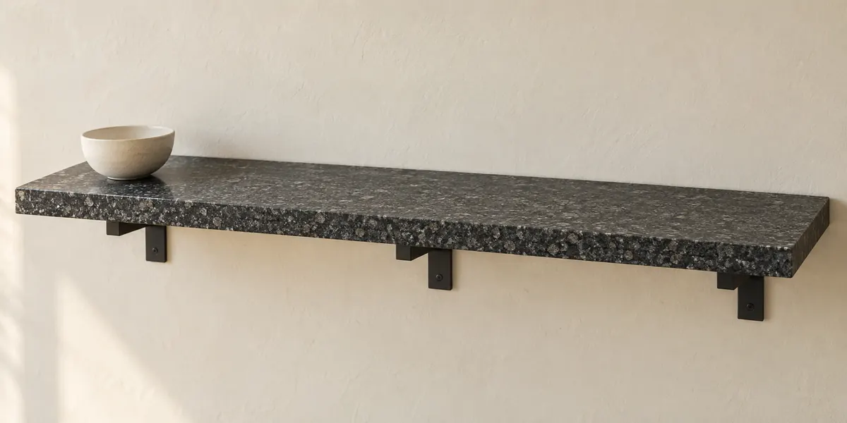 A speckled dark granite shelf rests on three black brackets against a warm plaster wall.
