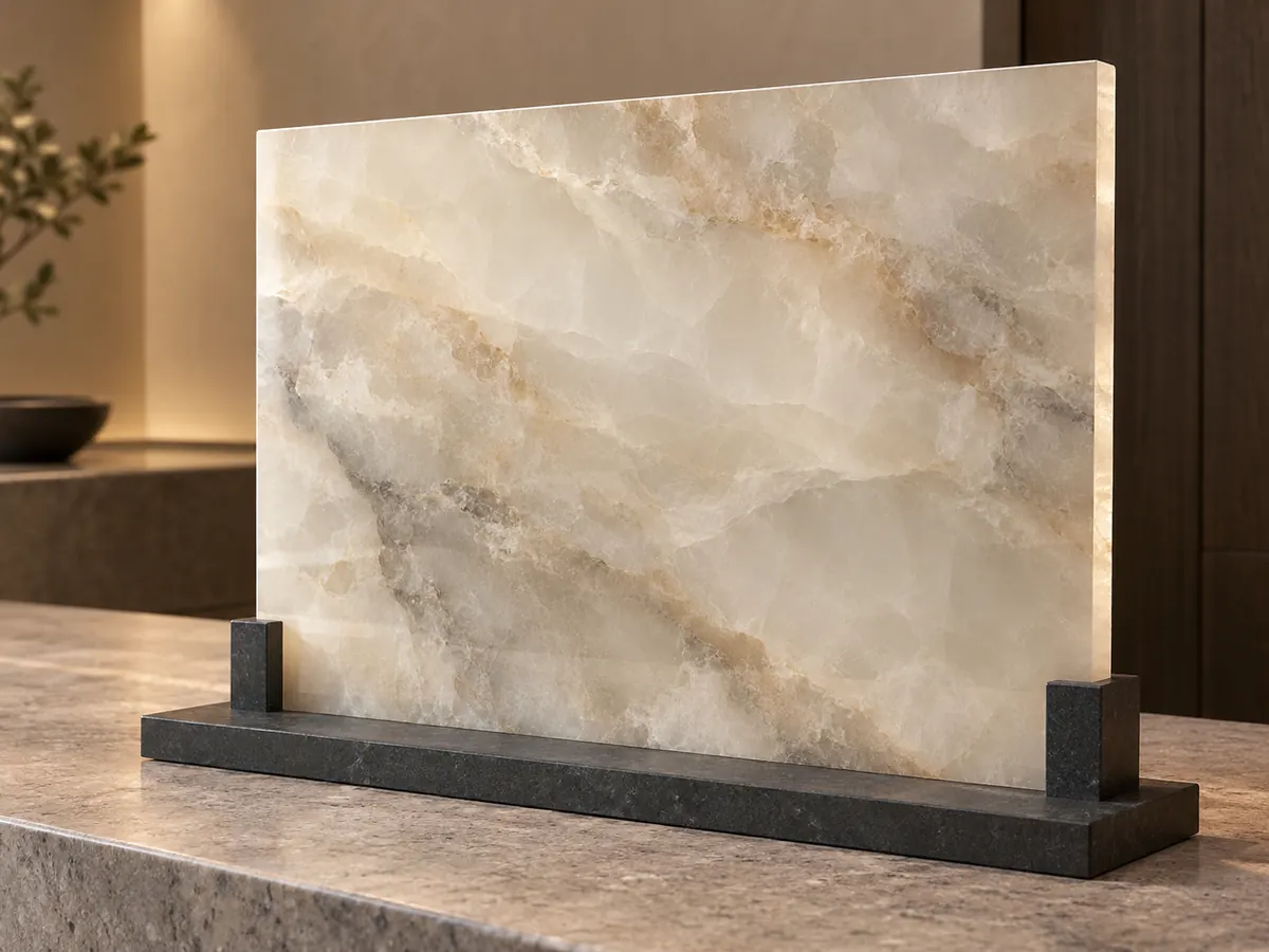A pale decorative stone panel with grey and caramel veining rests in a graphite display stand under warm light.