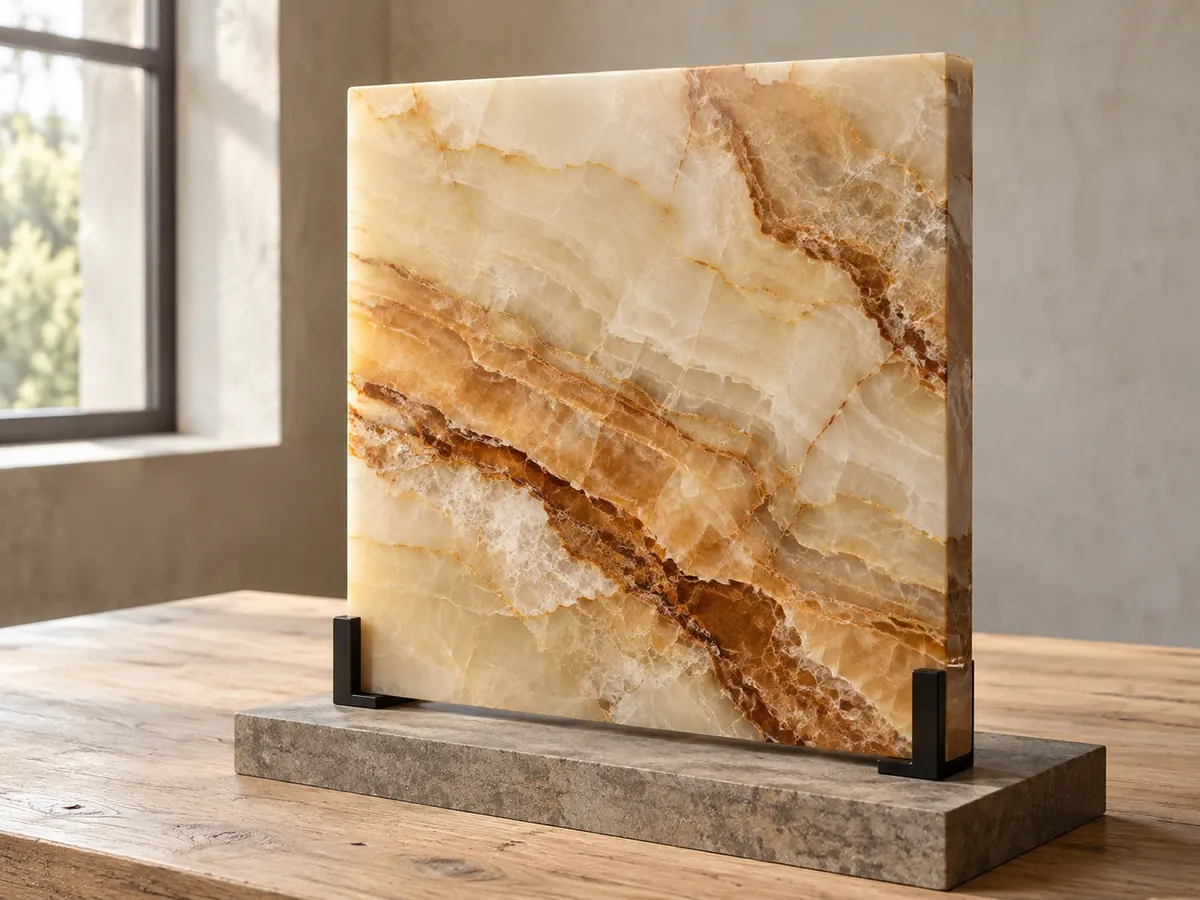 An ivory and amber onyx sample stands in black metal cradles on a stone base beside a window.