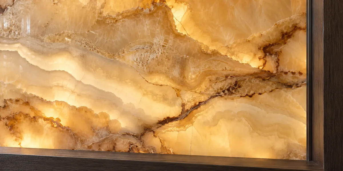 Honey-coloured backlit onyx with cream and brown veins meets a dark timber frame and base ledge.