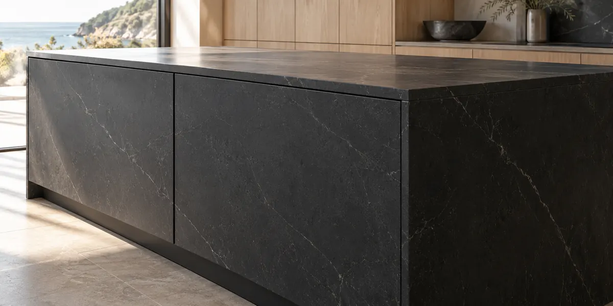 Charcoal stone-faced island cupboards with narrow door gaps, a matching worktop and recessed plinth.