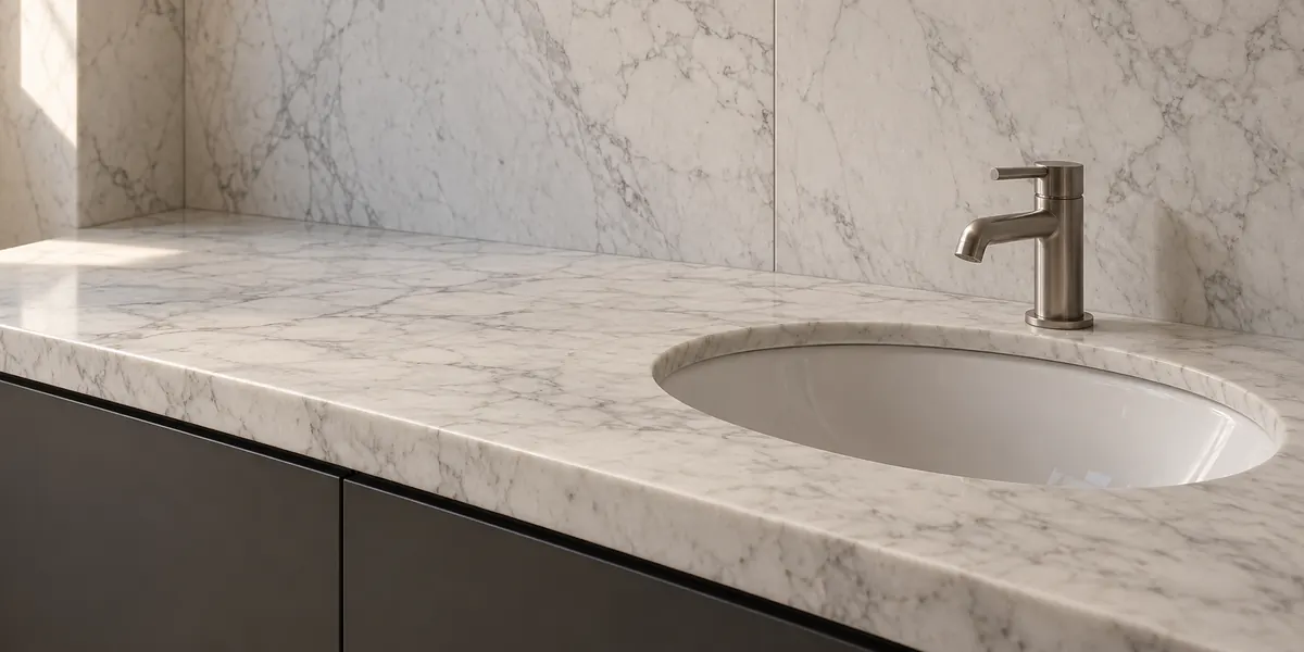 A white marble vanity top with grey veins surrounds an oval basin beneath a single metal tap and marble wall panels.