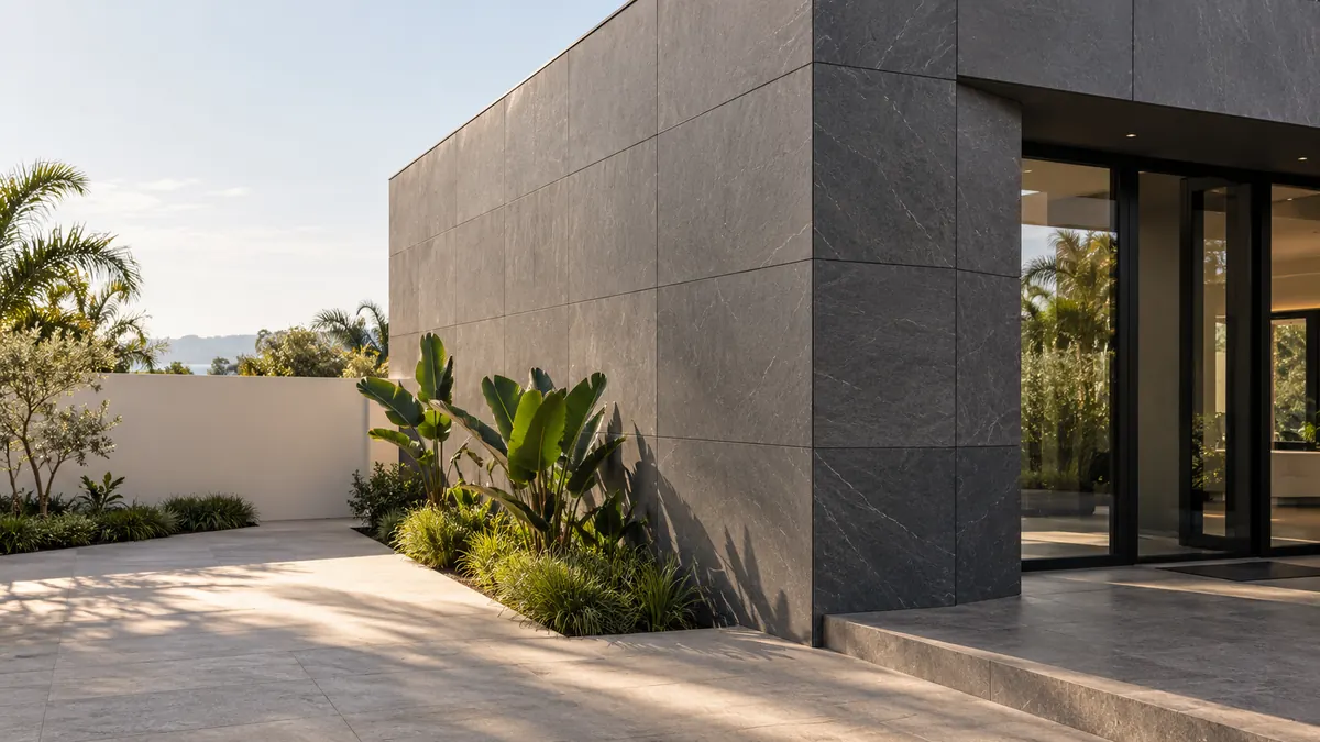 Graphite stone panels wrap a commercial entrance beside a paved courtyard and subtropical planting.