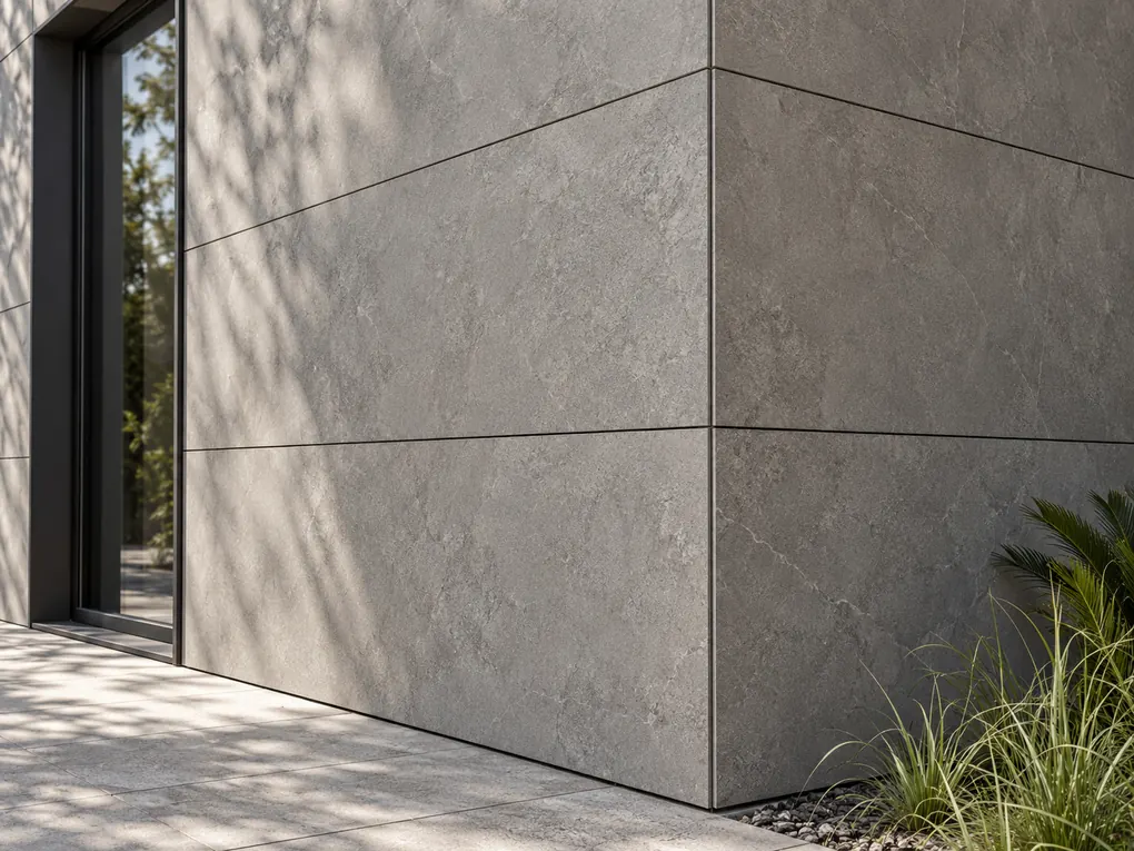 Grey stone panels meet at an exterior corner beside a narrow dark-framed window and low planting.