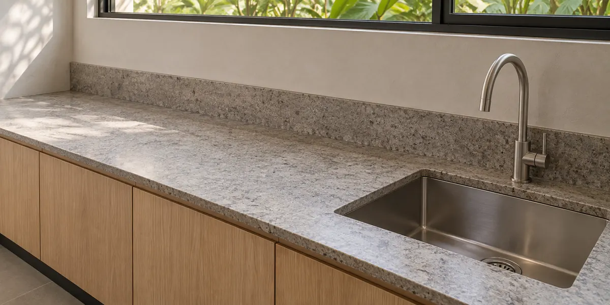 A speckled granite scullery worktop and splashback sit above timber cupboards beside a stainless steel sink and curved tap.
