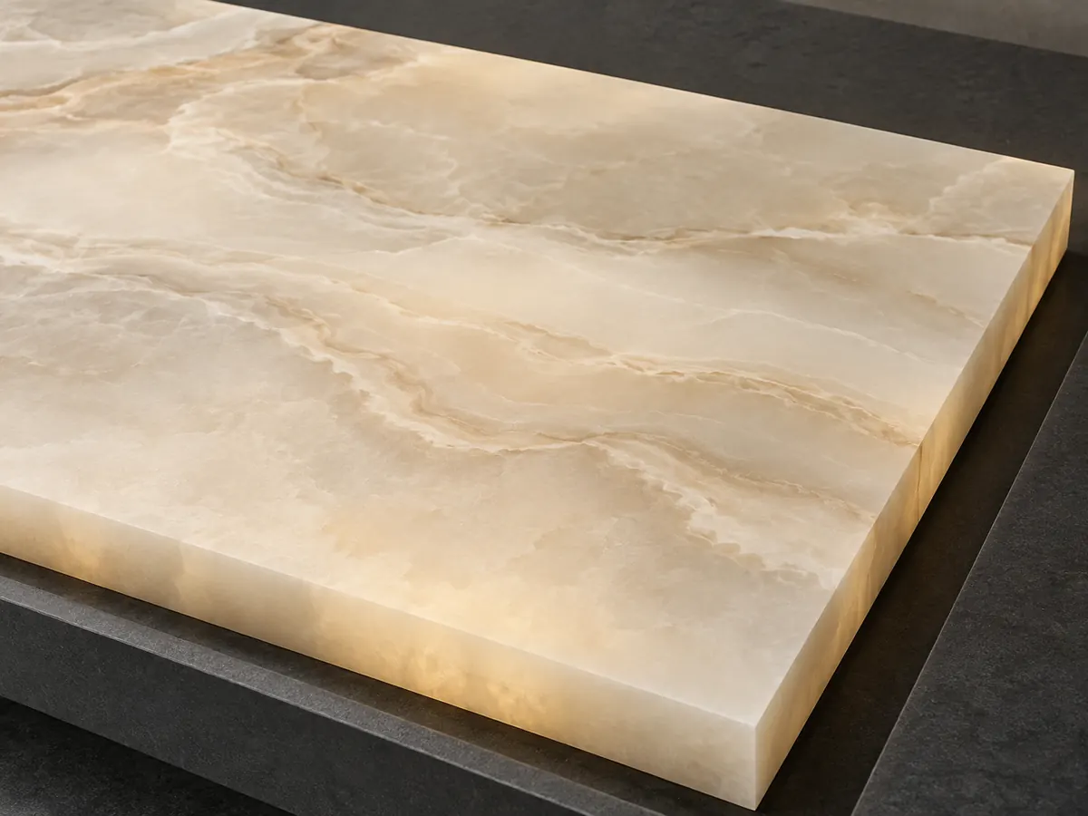Cream stone-look panel with subdued flowing bands and soft warm light passing through its face and edge.