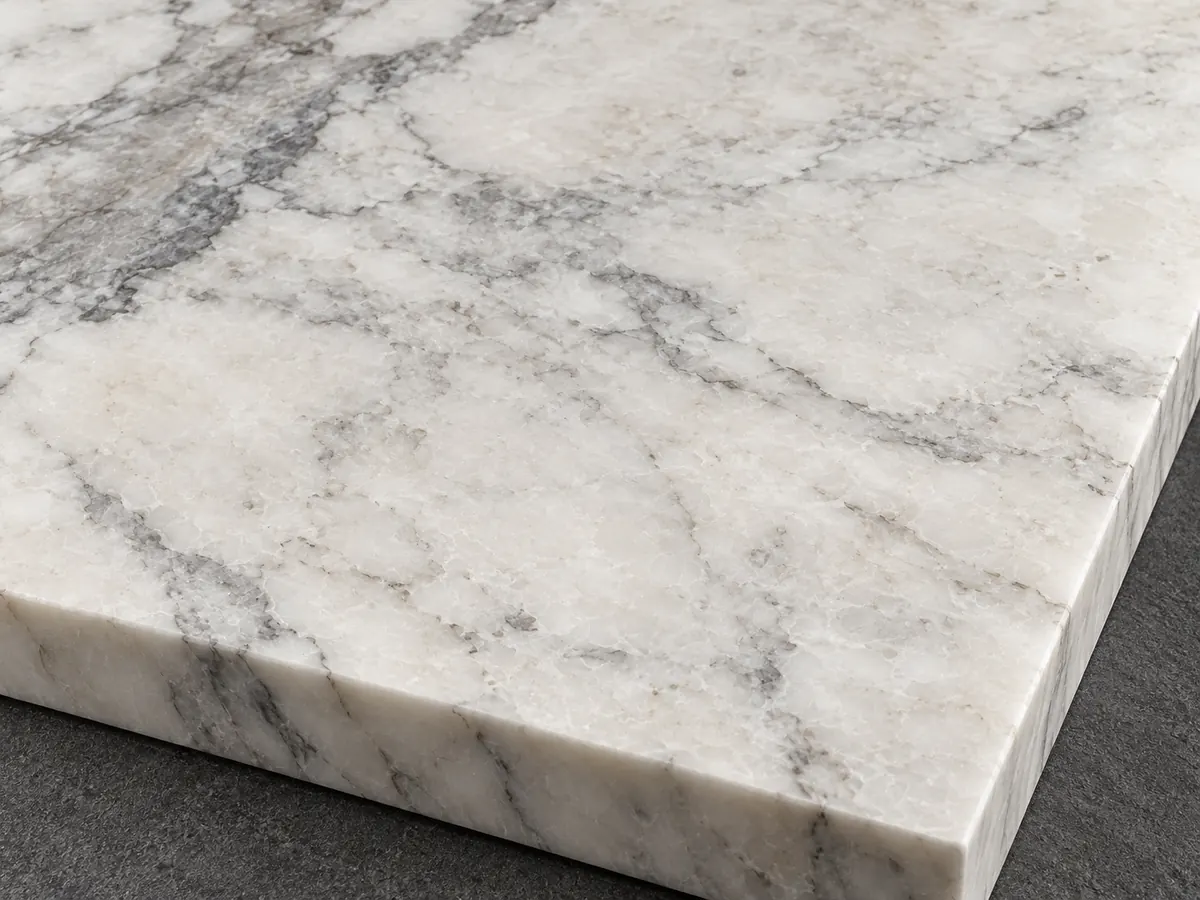 Warm white marble sample with irregular grey veins continuing across the exposed edge.